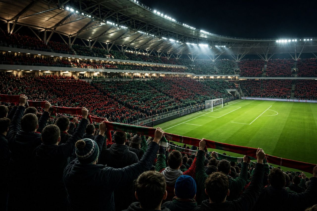 Kibice z szalikami na trybunie stadionu, widziani od tyłu (obraz wygenerowany przez AI)