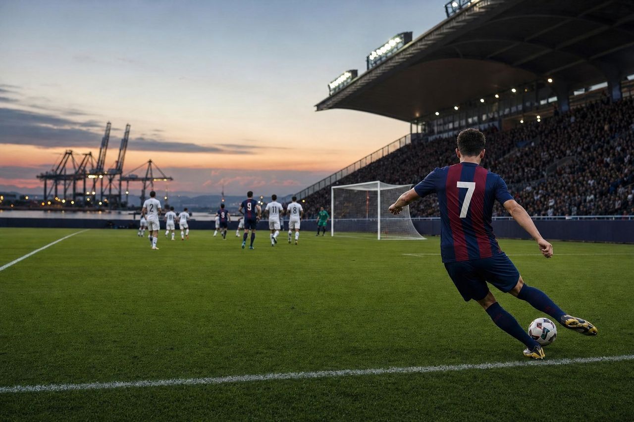 Stadion piłkarski nad portem z dźwigami i statkiem, kibic w granatowo-bordowym szaliku (obraz wygenerowany przez AI)